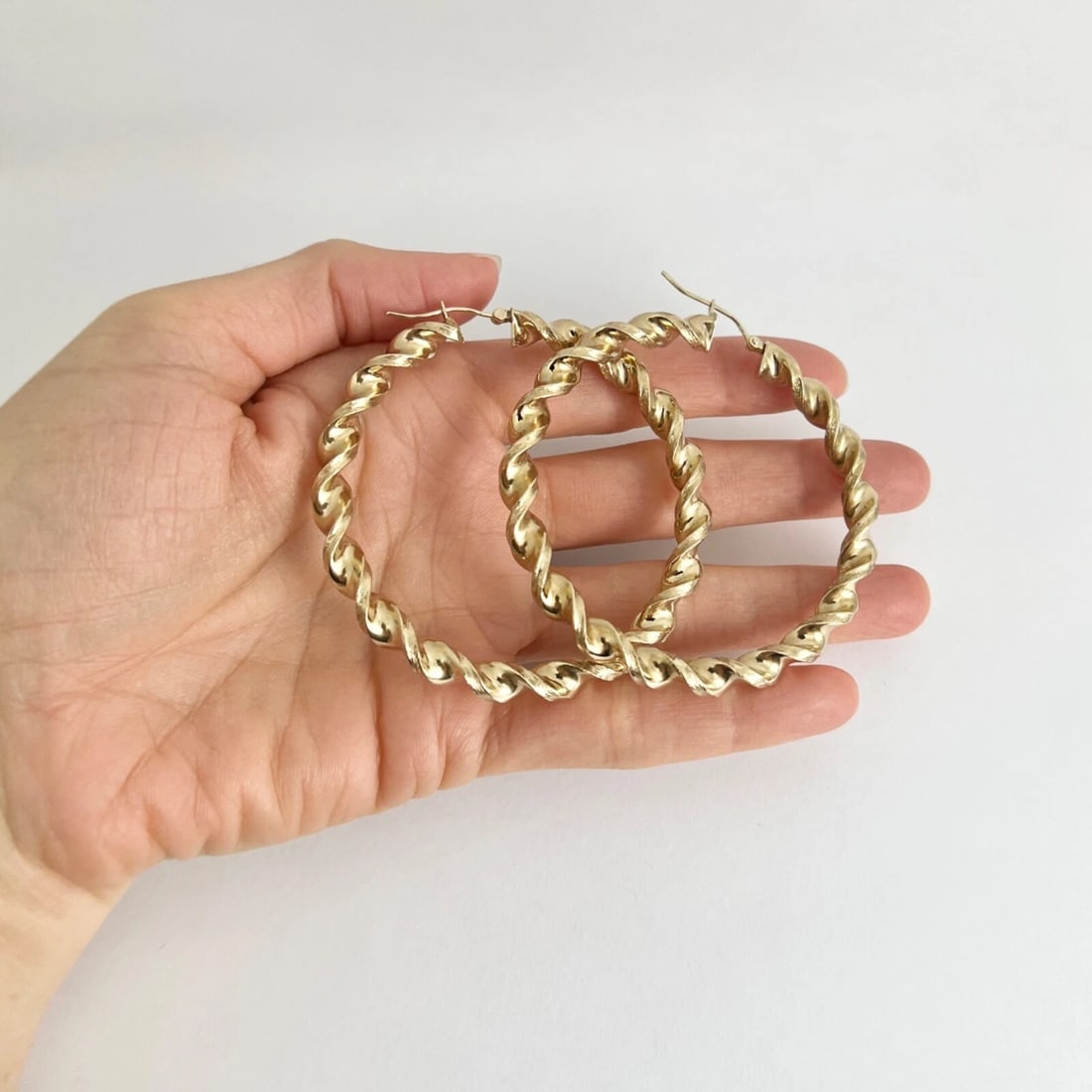 Big Spiral Twisted Hoop Earrings 9K Yellow Gold, 2.5 Inches, 9.71 Grams - 2