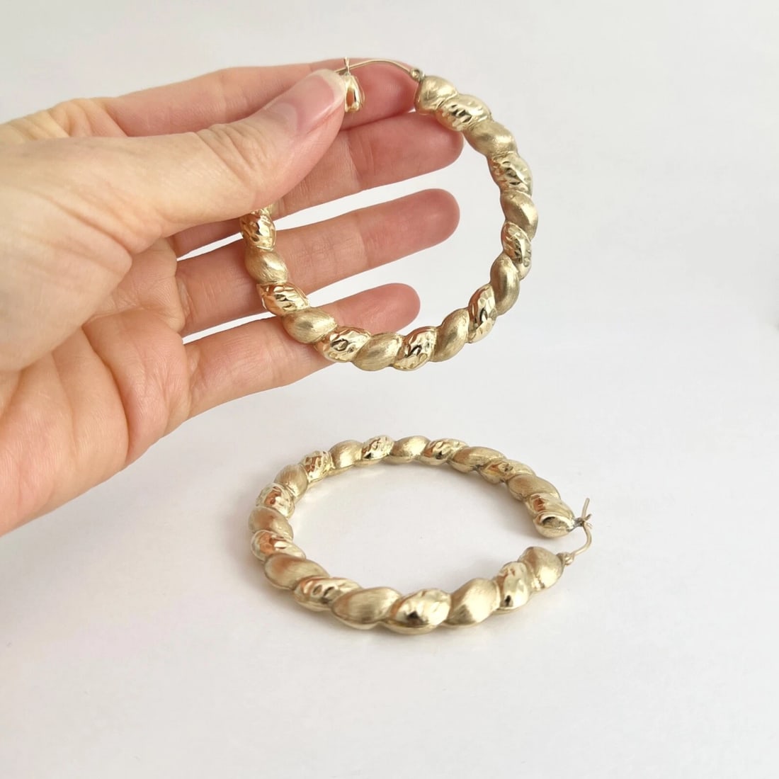Big Satin Twisted Hoop Earrings 10K Yellow Gold, 2.5 Inches, 10.65 Grams - 4
