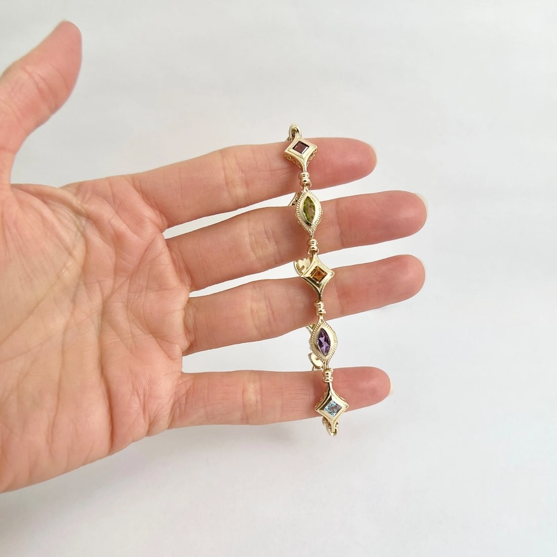 Multicolored Gemstone Chain Link Tennis Bracelet 14K Yellow Gold, 10.61 Grams - 3