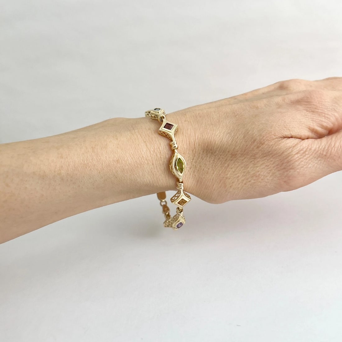 Multicolored Gemstone Chain Link Tennis Bracelet 14K Yellow Gold, 10.61 Grams - 5