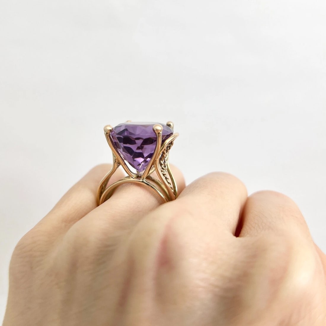 Estate Big Oval Purple Amethyst Cocktail Statement Ring 14K Yellow Gold 12.17 Gr - 5