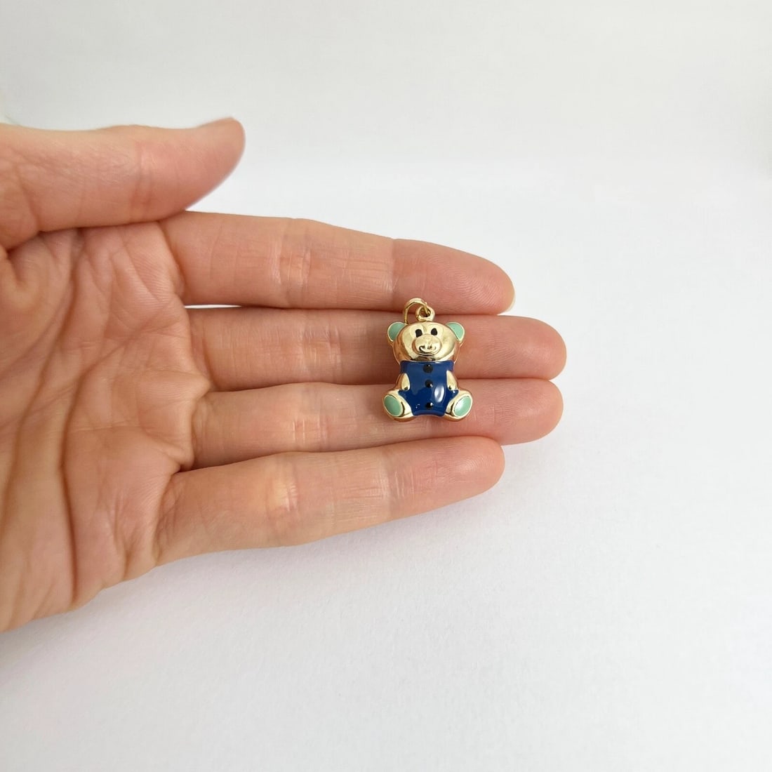 Italian Blue Green Enamel Teddy Bear Charm Pendant 14K Yellow Gold, 2.55 Grams - 3