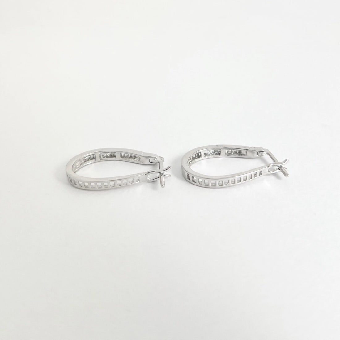 Baguette Diamond Channel-Set Oblong Hoop Earrings 14K White Gold, 3.13 Grams - 6