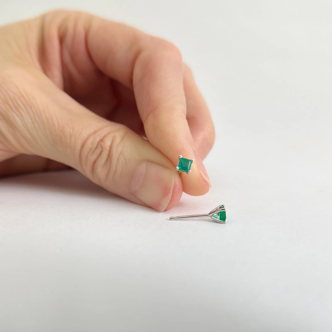 Square Green Emerald Gemstone Stud Earrings 14K White Gold, .26 CTW - 3
