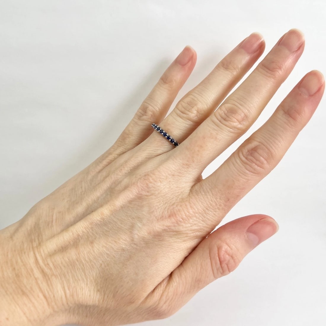 Thin Round Blue Sapphire Gemstone Band Eternity Ring 14K White Gold, 1.10 CTW - 3