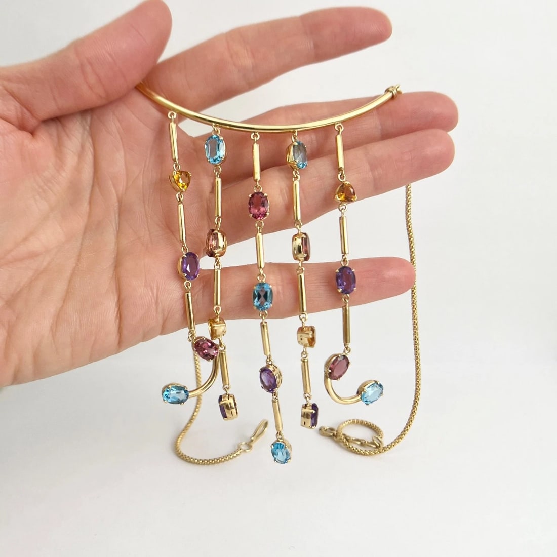 Multicolored Gemstone Dangle Fringe Chain Necklace 18K Yellow Gold 26.07 Grams - 3