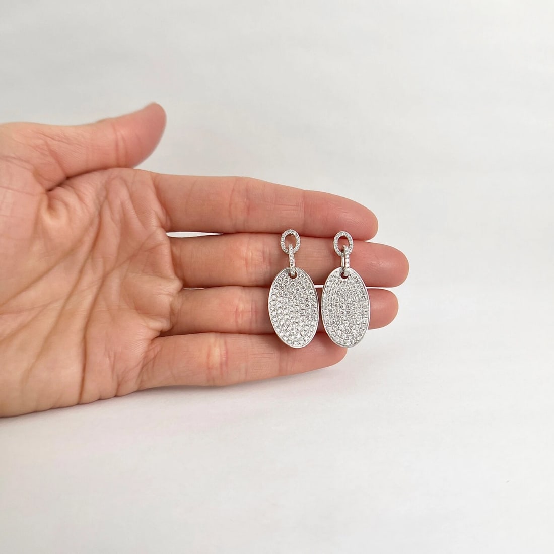 Pave Diamond Oval Tag Dangle Drop Earrings 18K White Gold, 2.54 CTW - 3