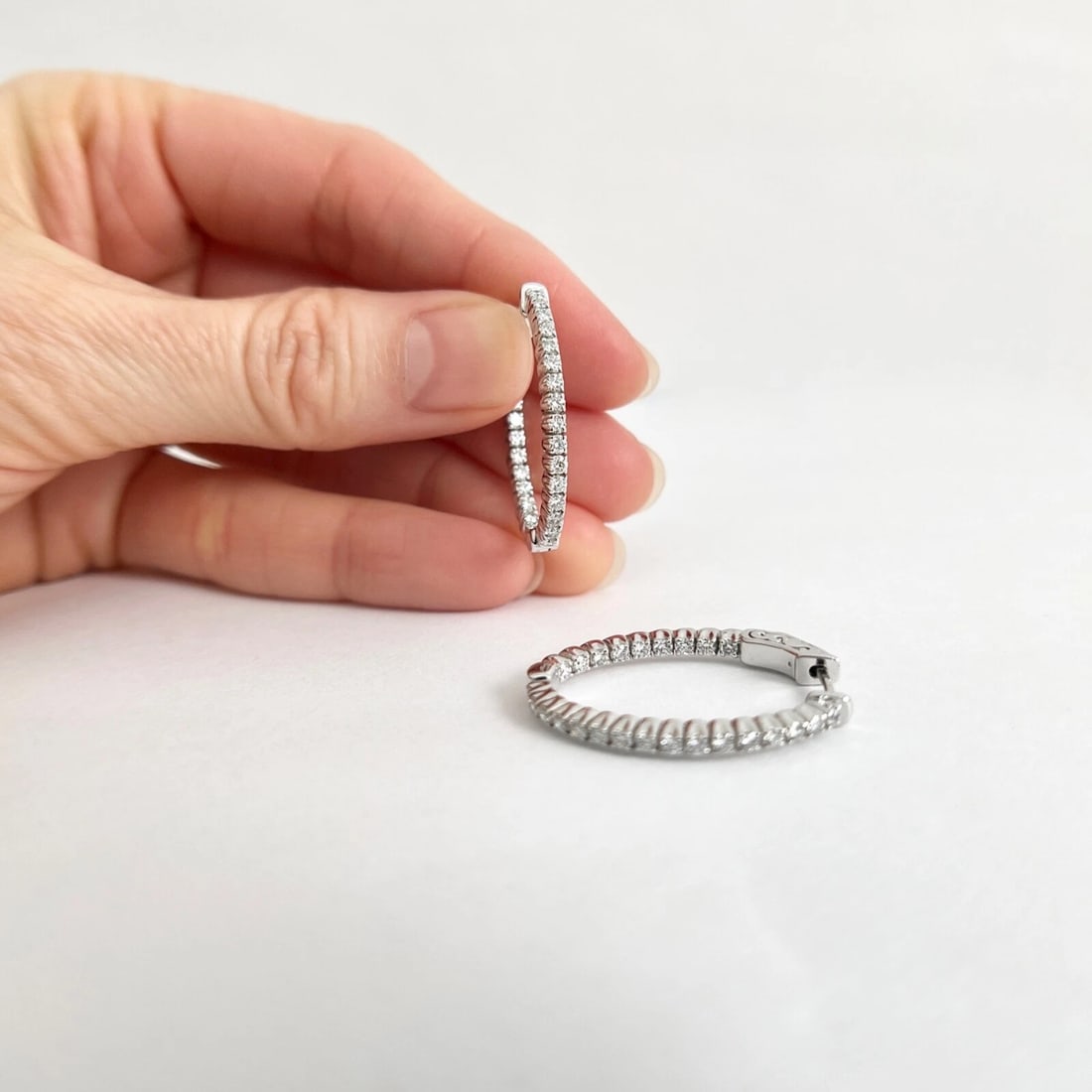Inside-Out Oblong Diamond Hoop Earrings 14K White Gold, 1.1 Inch, 1.06 CTW - 4