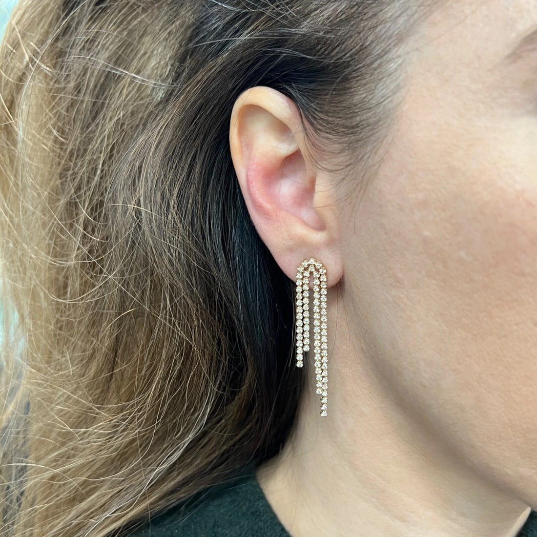 Multistrand Diamond Tassel Dangle Drop Earrings 14K Yellow Gold, 1.40 CTW - 3