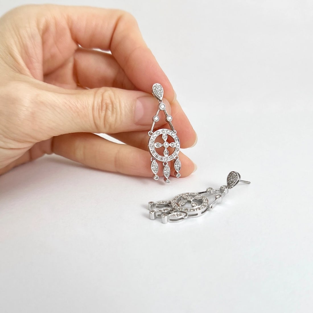 Diamond Dream Catcher Circle Fringe Dangle Drop Earrings 18K White Gold, .82 CTW - 4