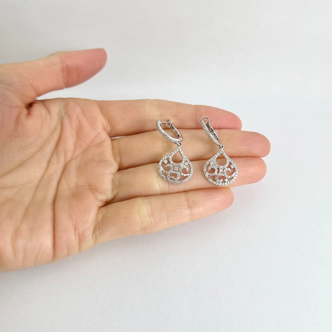 Diamond Filigree Teardrop Dangle Drop Earrings 14K White Gold, .53 CTW - 4