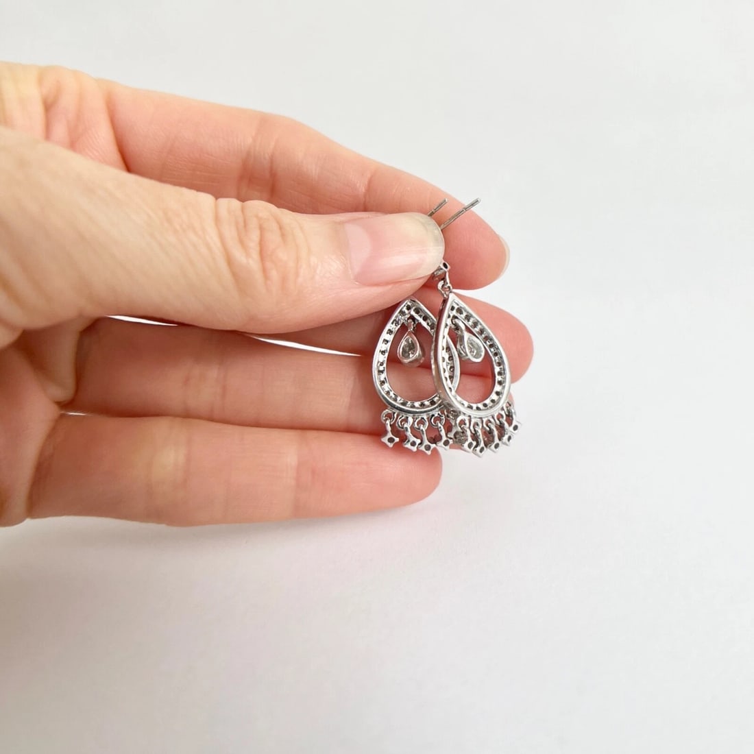 Diamond Teardrop Fringe Dangle Drop Earrings 14K White Gold, .65 CTW - 5