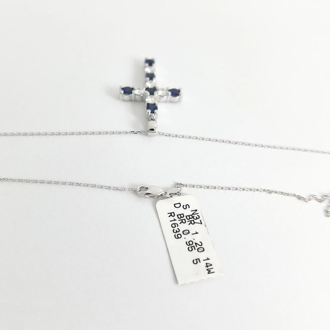 Blue Sapphire Diamond Gemstone Cross Pendant Necklace 14K White Gold, 2.15 CTW - 7