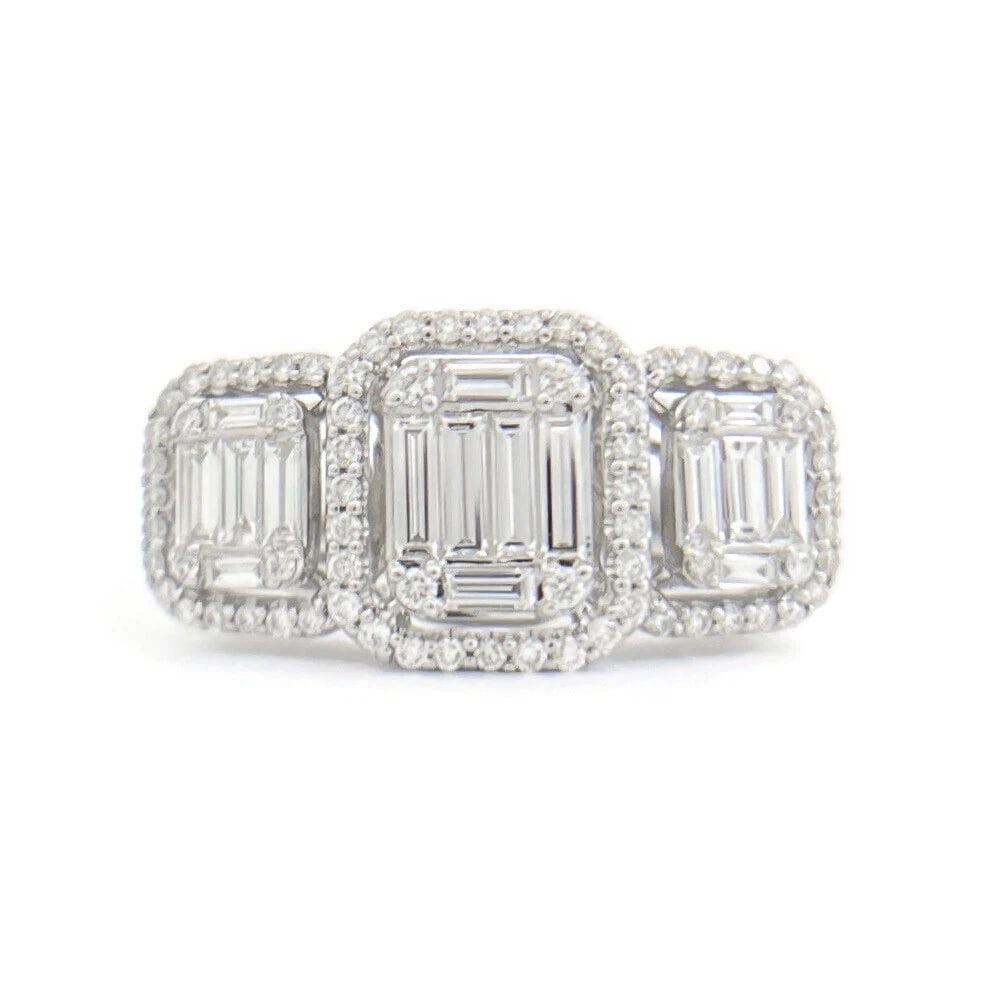 3-Stone Rectangle Diamond Cluster Halo Ring 14K White Gold, 1.65 CTW: Title: 3-Stone Rectangle Diamond Cluster Halo Ring 14K White Gold, 1.65 CTW Description: 3-Stone Rectangle Diamond Cluster Halo Ring 14K White Gold, 1.65 CTW This is a beautiful diamond ring! Please