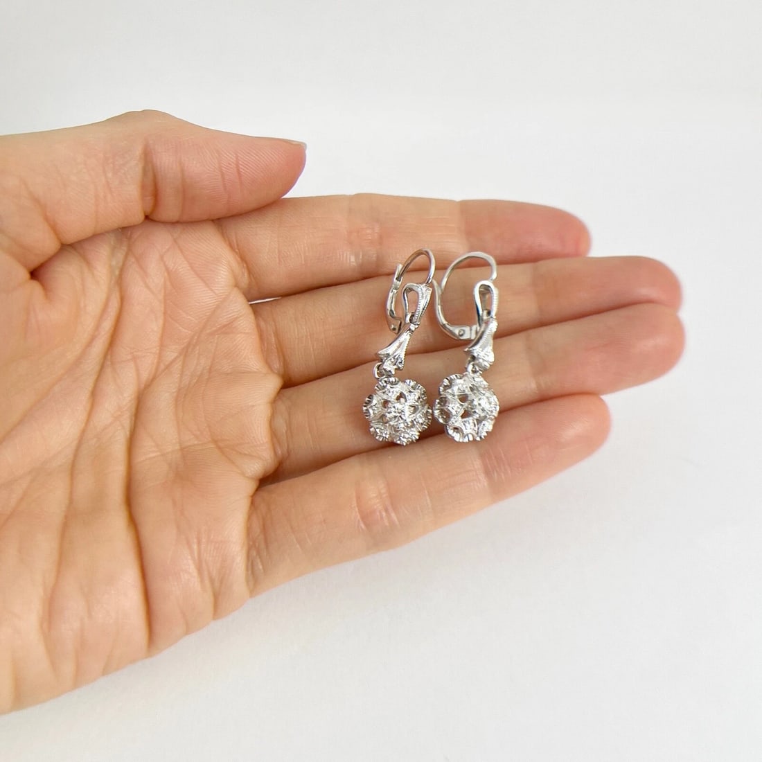 Vintage Crimped Scalloped Diamond Dangle Drop Earrings 18K White Gold, 1.3 Inch - 4