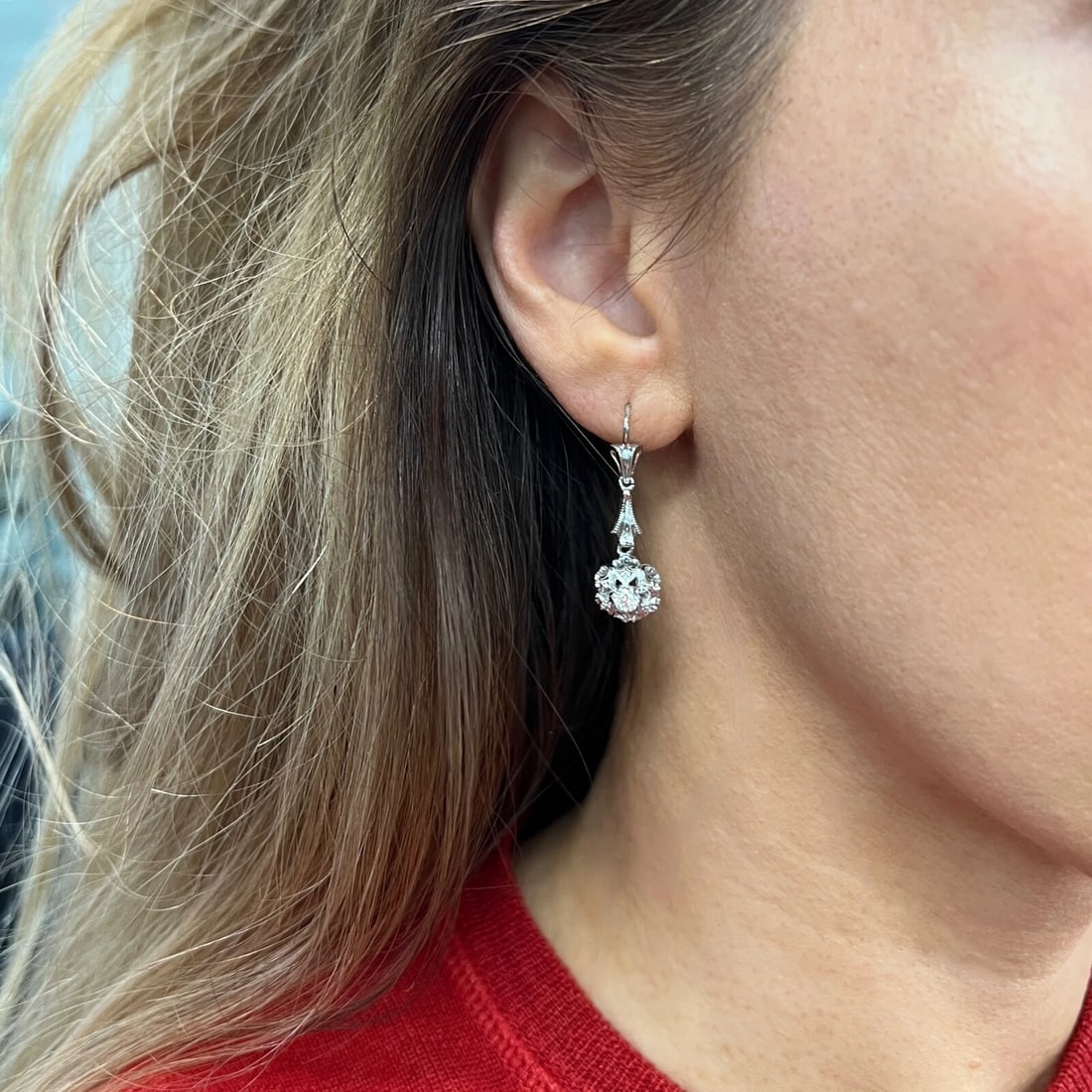 Vintage Crimped Scalloped Diamond Dangle Drop Earrings 18K White Gold, 1.3 Inch - 5