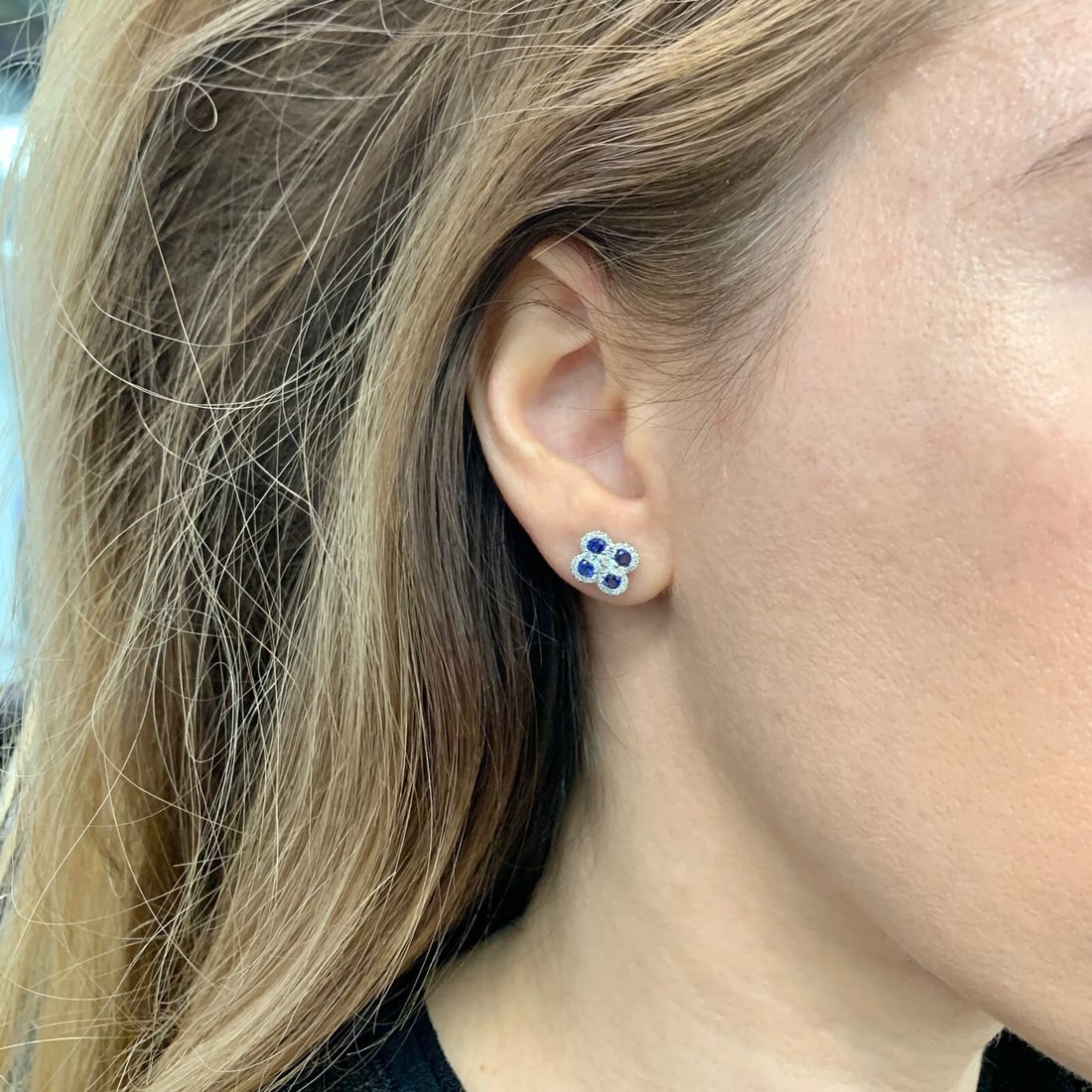 Blue Sapphire Diamond Clover Cluster Stud Earrings 14K White Gold 1.36 CTW - 4