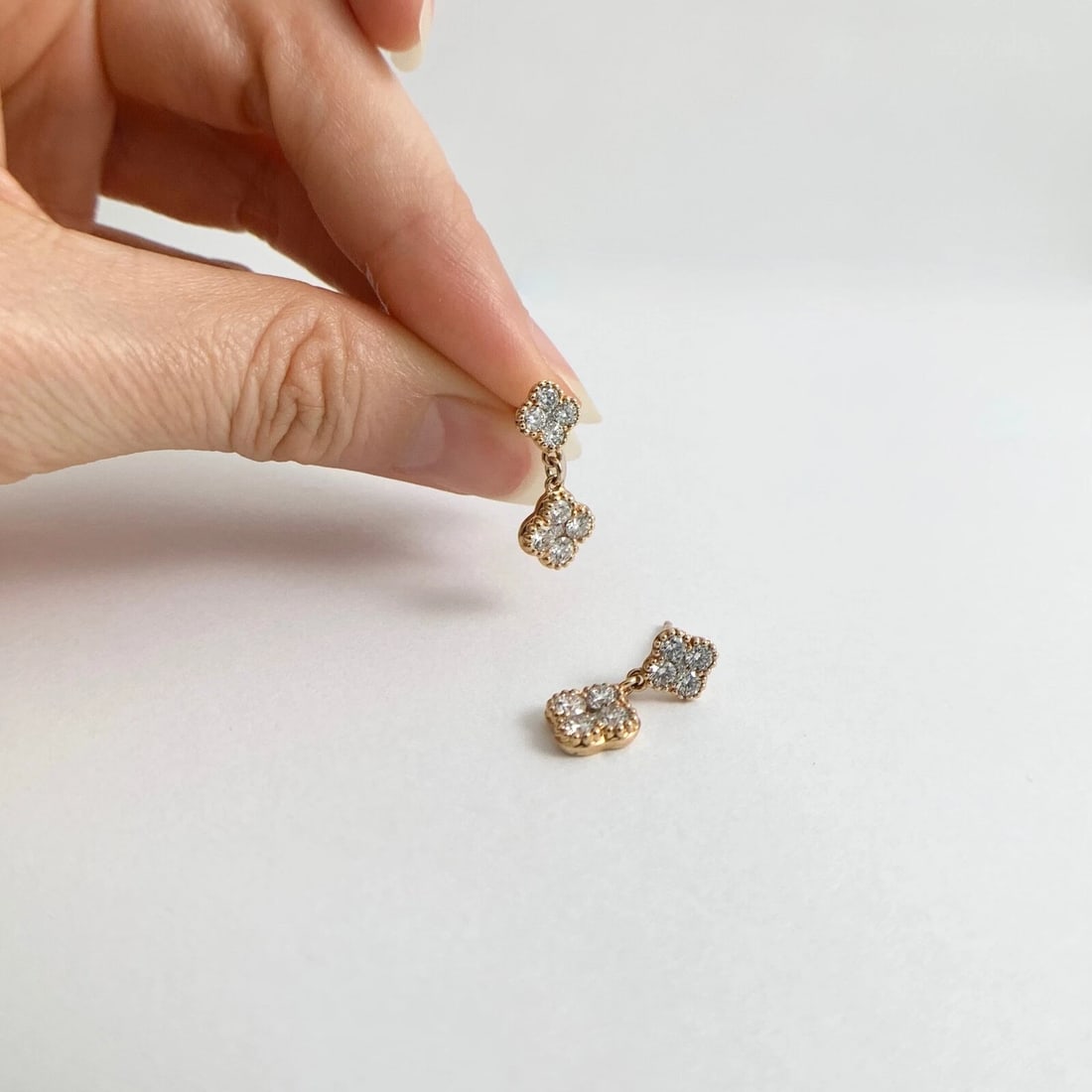 Cluster Diamond Clover Dangle Drop Earrings 14K Pink Rose Gold, 1.22 CTW - 3