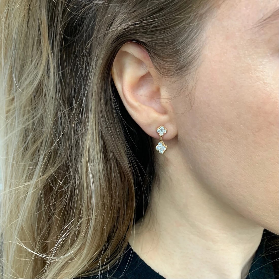 Cluster Diamond Clover Dangle Drop Earrings 14K Pink Rose Gold, 1.22 CTW - 4