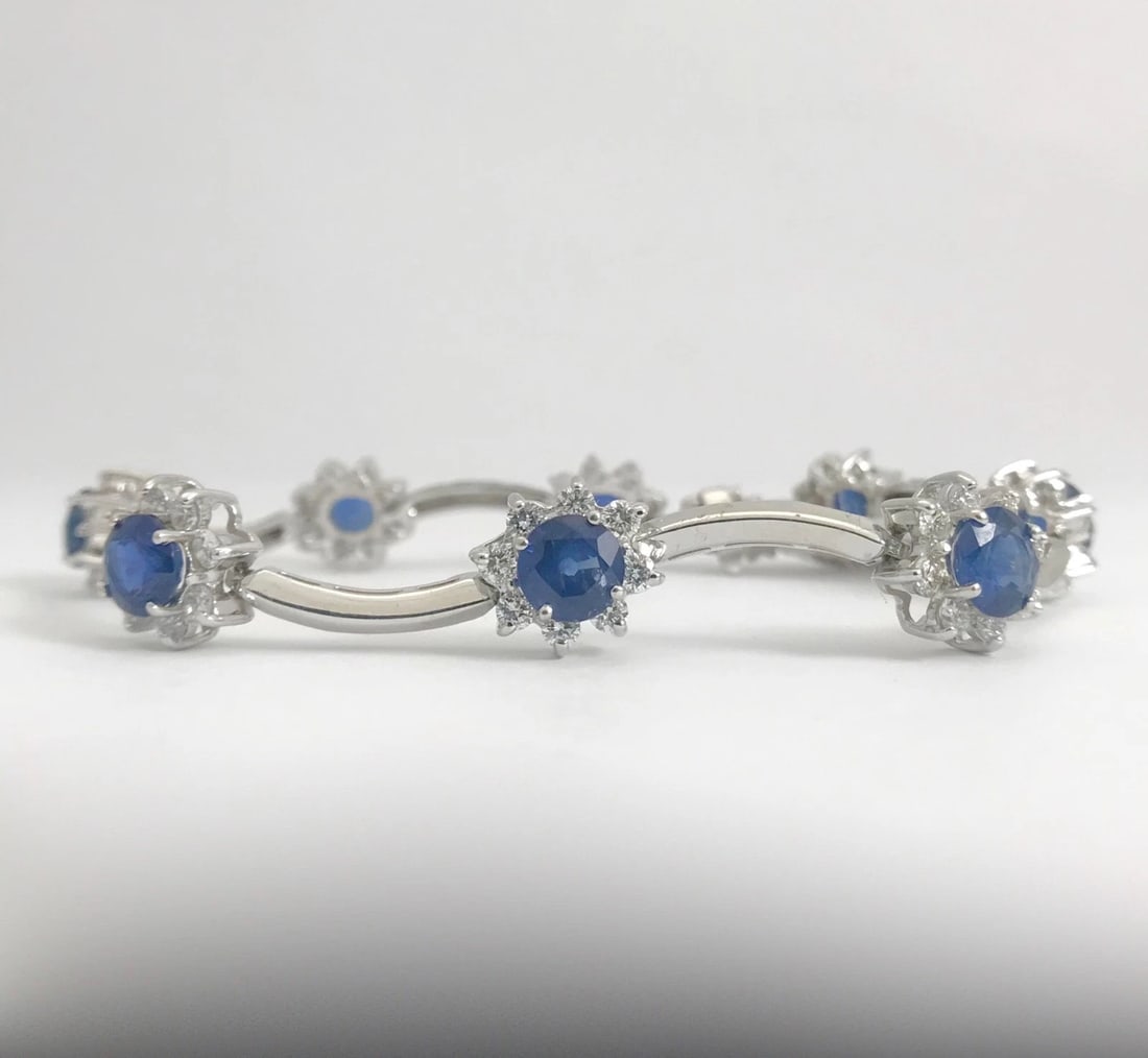 Blue Sapphire Diamond Halo Gemstone Bracelet 14K White Gold, 9.90 CTW, 7 Inches - 8
