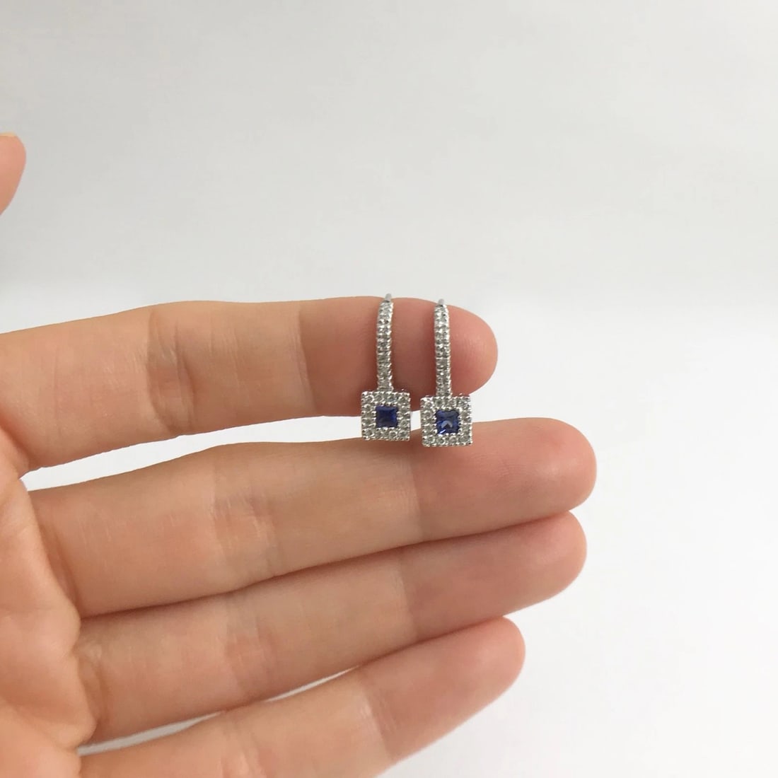 Blue Sapphire Diamond Halo Drop Earrings in 18K White Gold, .75 CTW, 3.36 Grams - 5