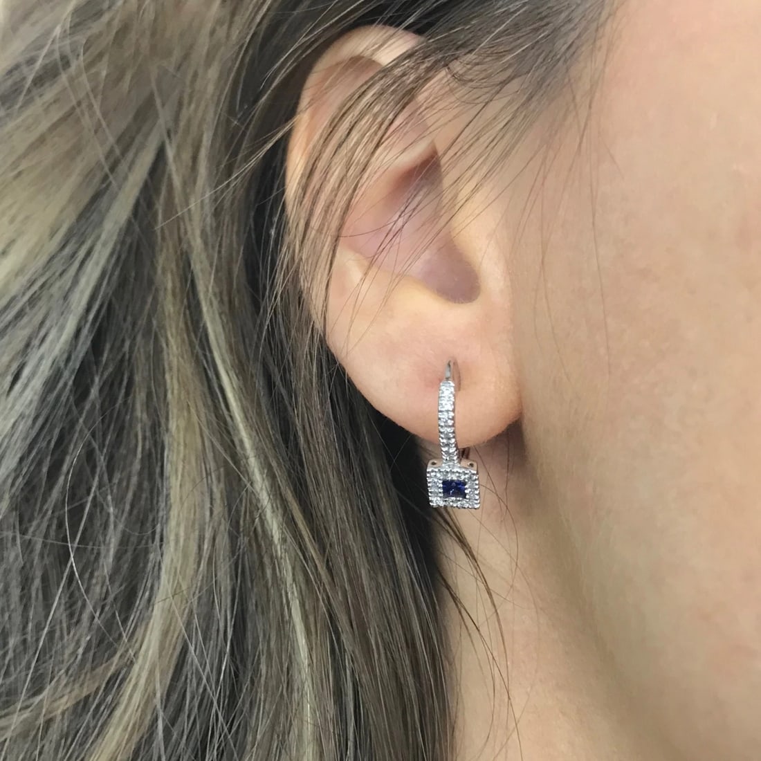 Blue Sapphire Diamond Halo Drop Earrings in 18K White Gold, .75 CTW, 3.36 Grams - 6
