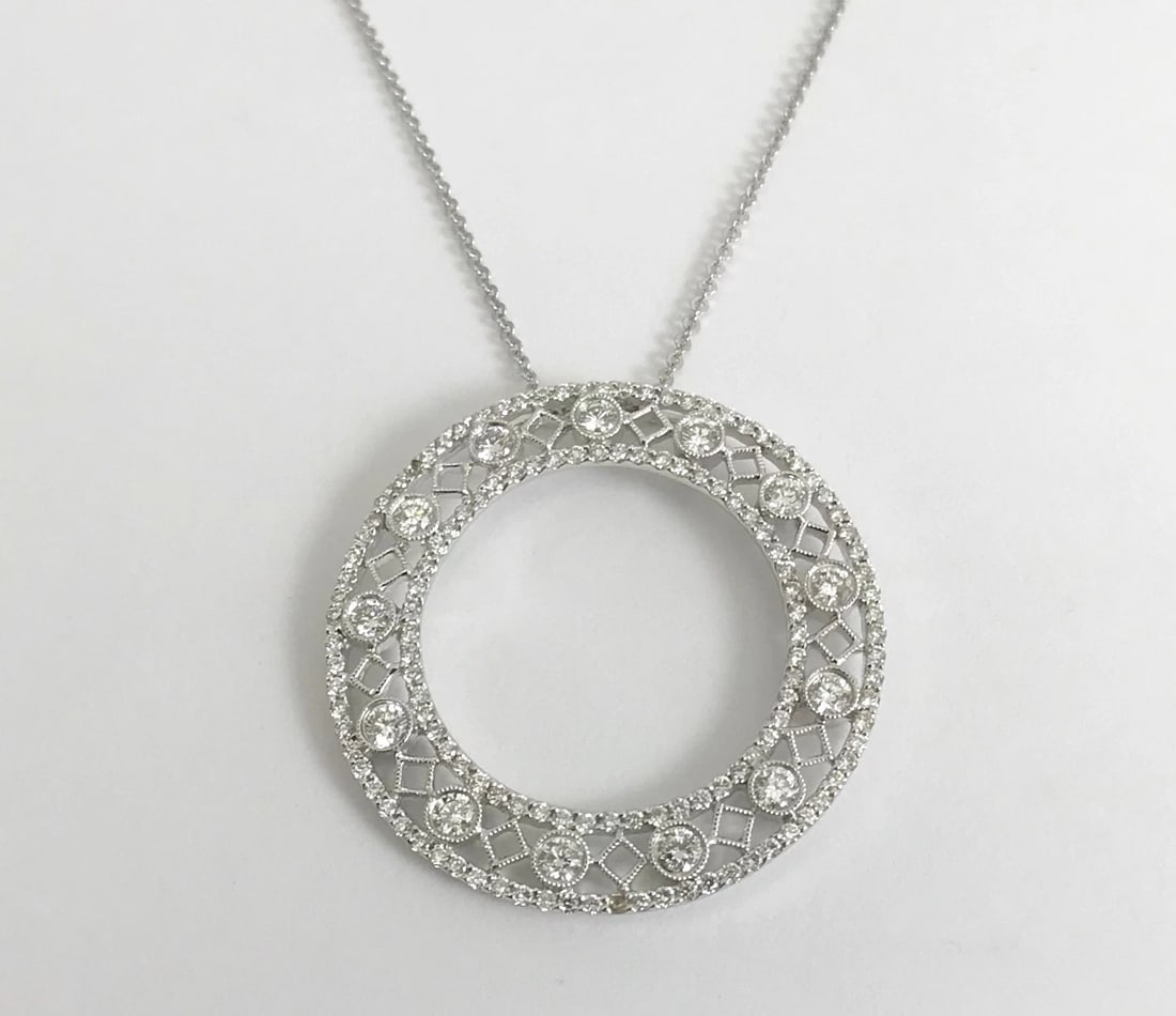 Italian Diamond Circle Pendant Necklace in 18K White Gold 1.28 CTW, 6.12 Grams - 8