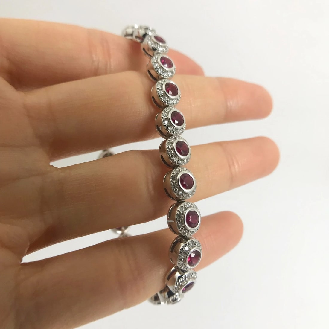 Bezel Set Ruby with Diamond Halo Bracelet 14K White Gold, 7.02 CTW, 21.43 grams - 5