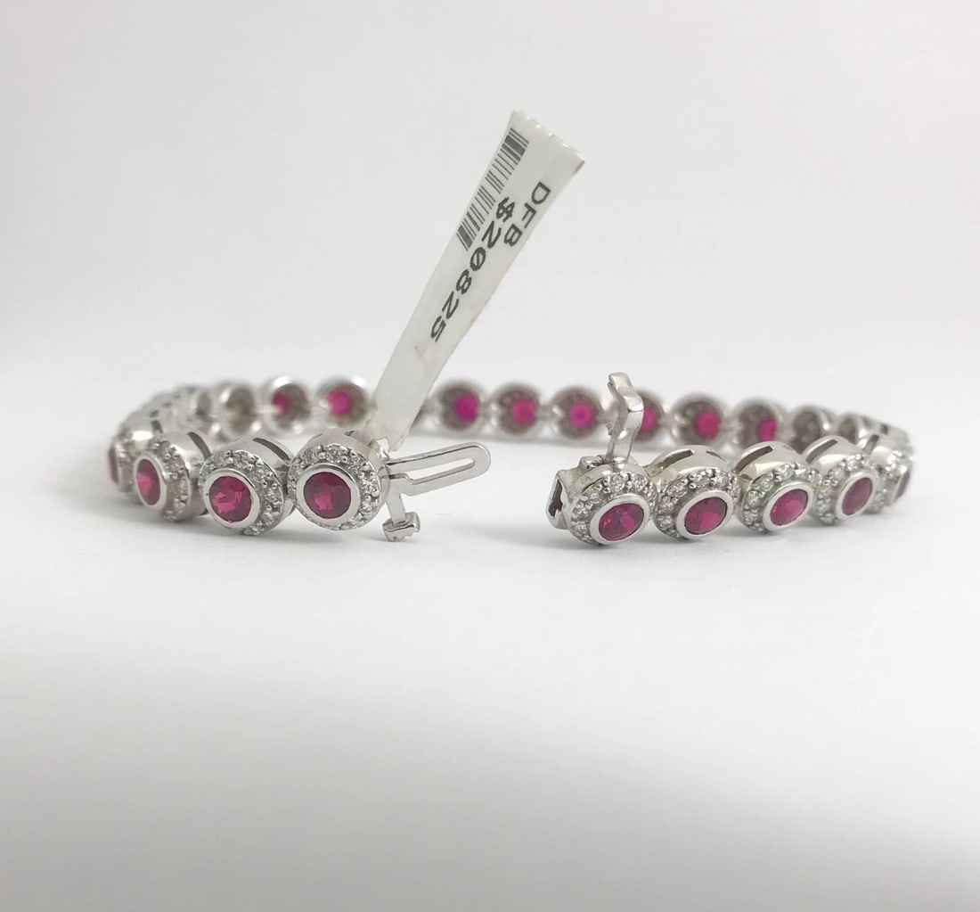 Bezel Set Ruby with Diamond Halo Bracelet 14K White Gold, 7.02 CTW, 21.43 grams - 9