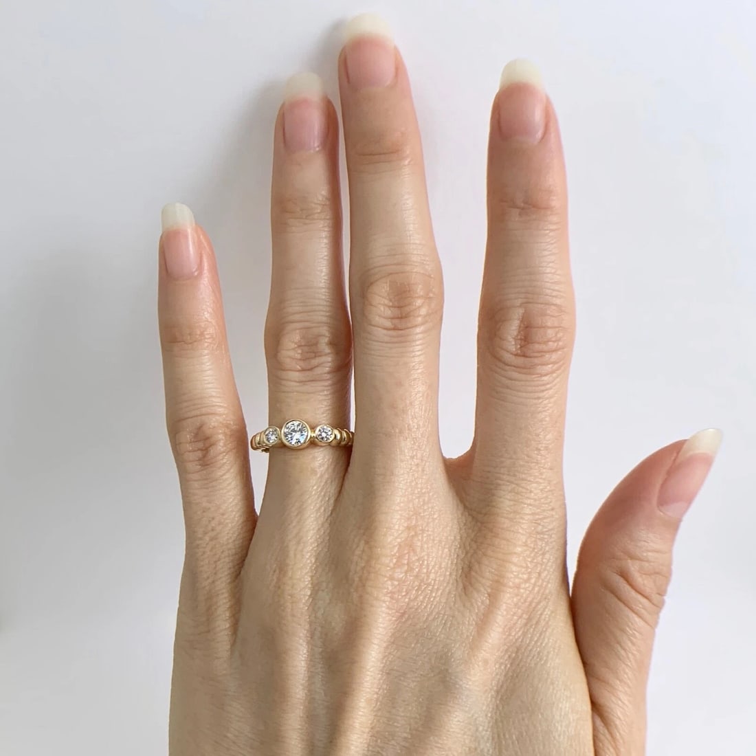 3-Stone Round Bezel Set Diamond Ribbed Ring 14K Yellow Gold .45 CTW - 4