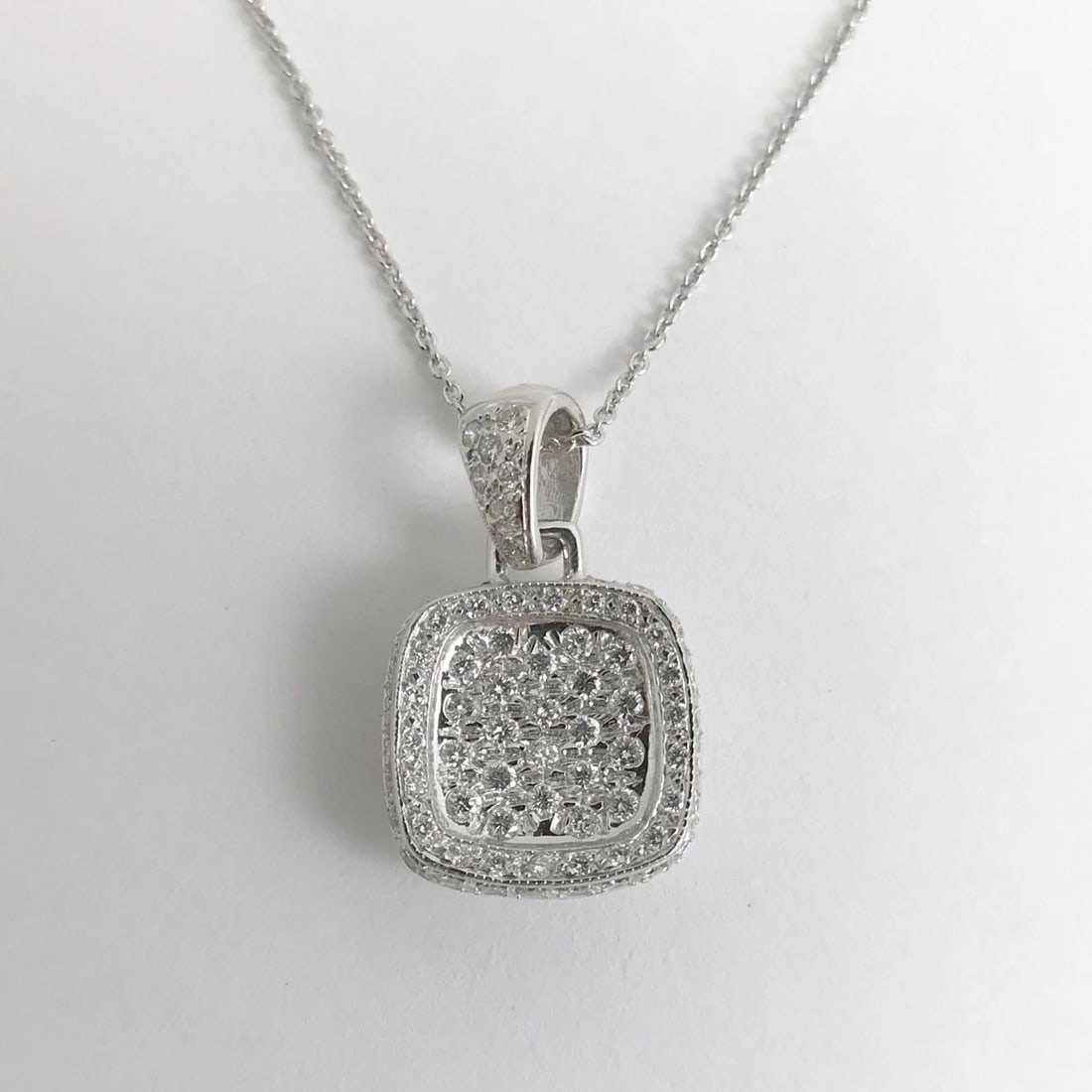 Diamond Pave Cushion Halo Pendant Necklace 18K White Gold, 1.15 CTW, 7.24 Grams - 6