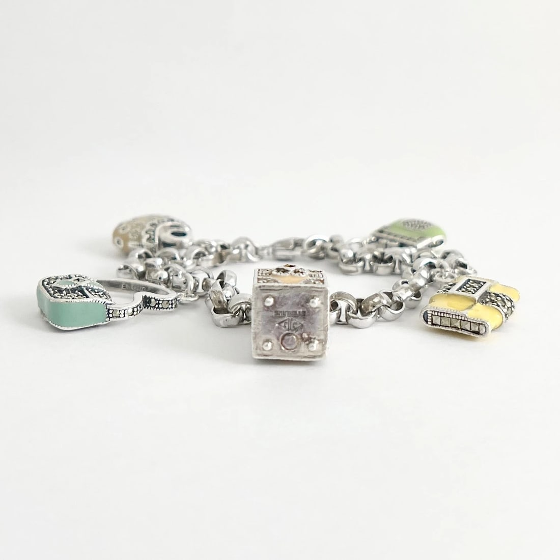 Vintage Judith Jack Enamel Purse Charm Bracelet Sterling Silver, 38.02 Grams - 8