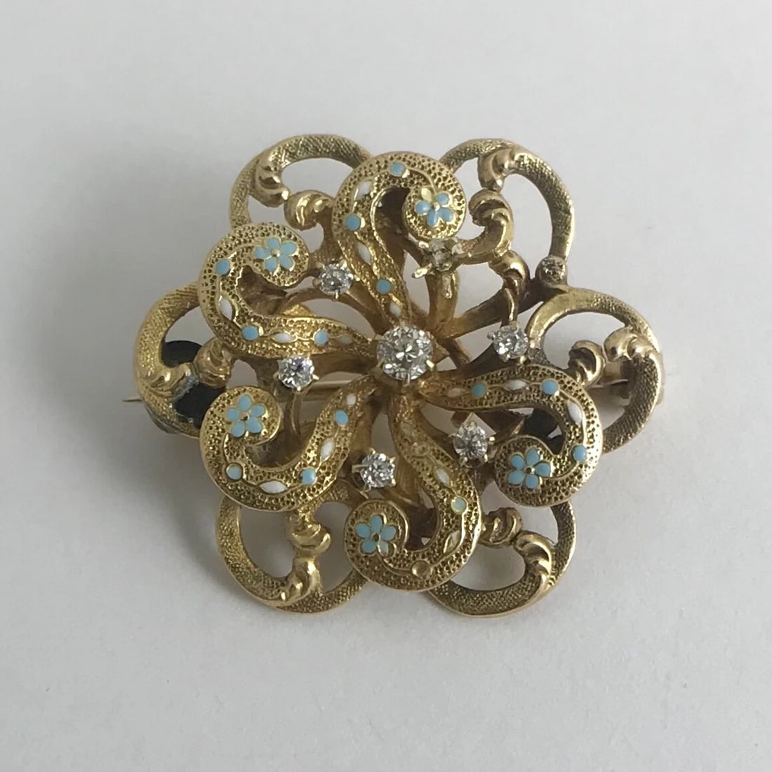 Antique Edwardian Diamond Turquoise Enamel Brooch Pin 20K Yellow Gold, 5.19 Gram - 6