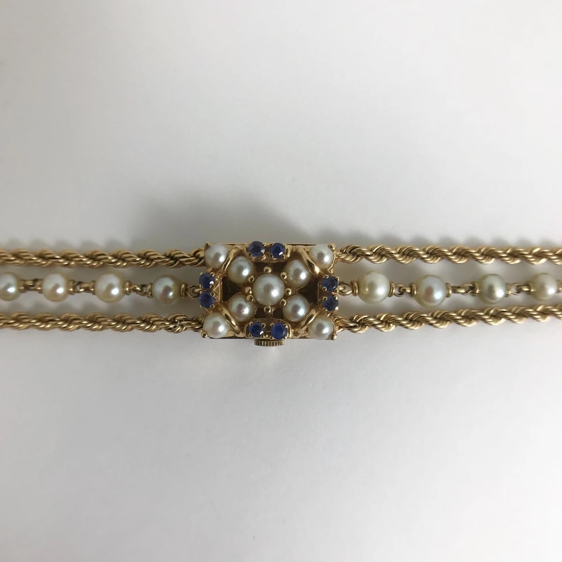 Vintage 1940's Nelmor Pearl Sapphire Bracelet Watch 14K Yellow Gold, 30.7 Grams - 9
