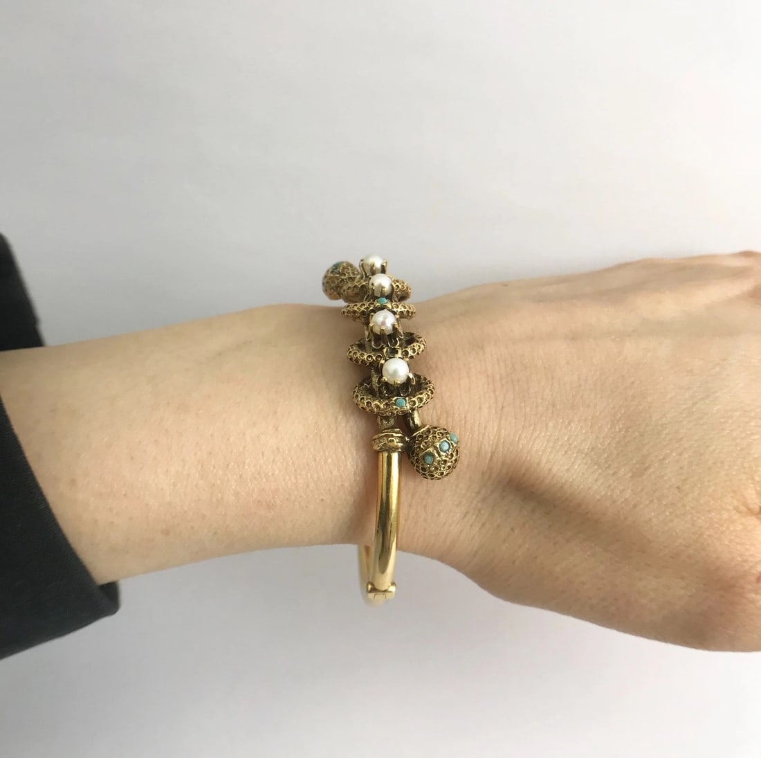Victorian Revival Pearl Turquoise Bangle Bracelet 14K Yellow Gold, 20.39 Gr - 4