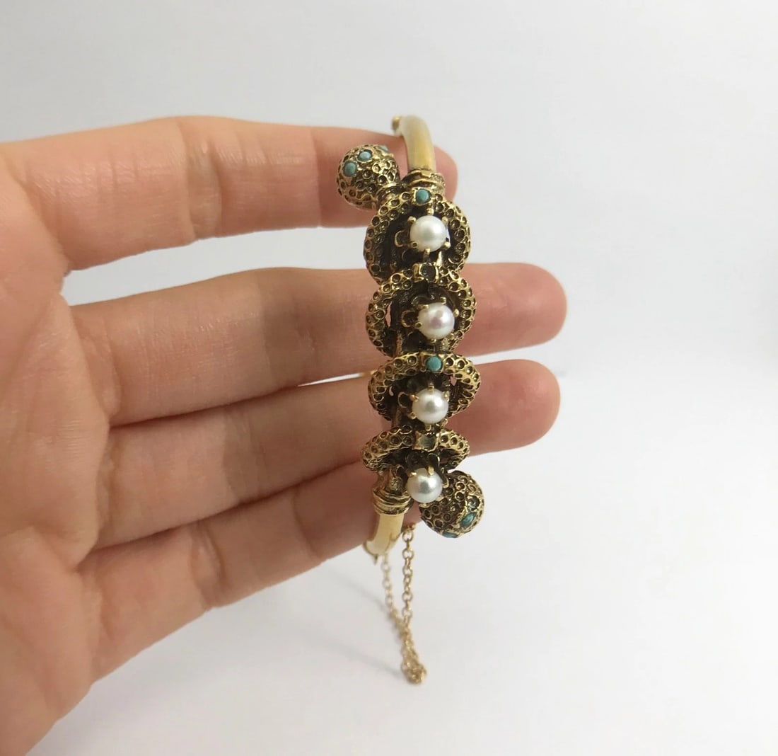 Victorian Revival Pearl Turquoise Bangle Bracelet 14K Yellow Gold, 20.39 Gr - 6