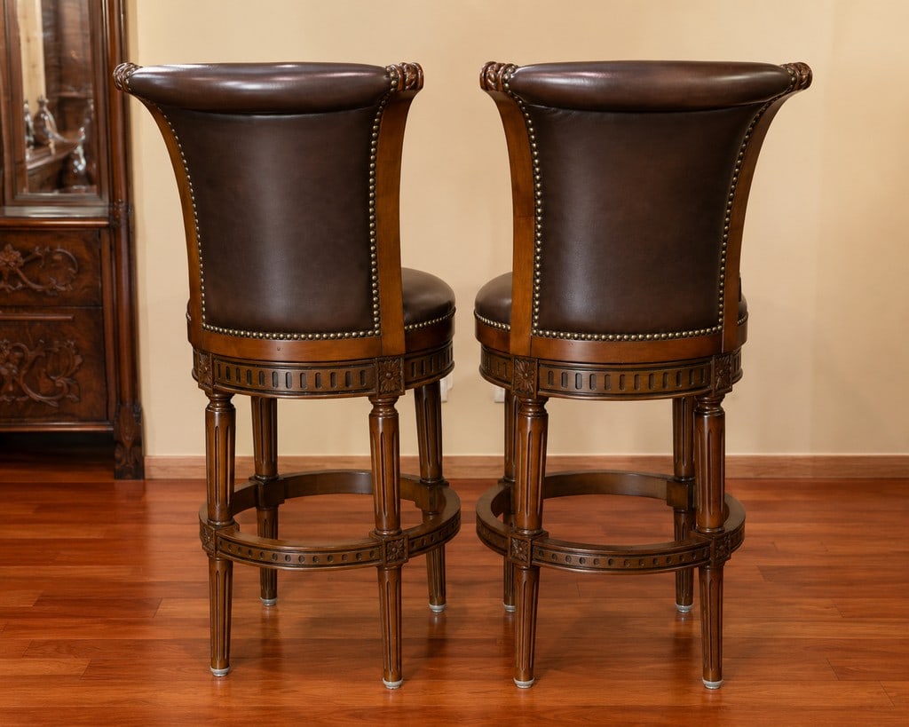 Pair of Carved Wooden and Brown Leather Swivel Bar Stools - 2