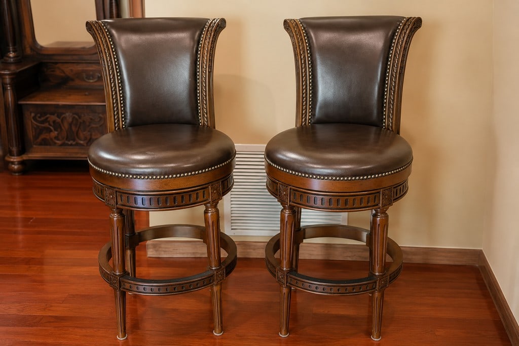 Pair of Carved Wooden and Brown Leather Swivel Bar Stools - 3