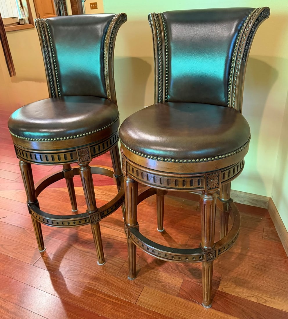 Pair of Carved Wooden and Brown Leather Swivel Bar Stools - 4