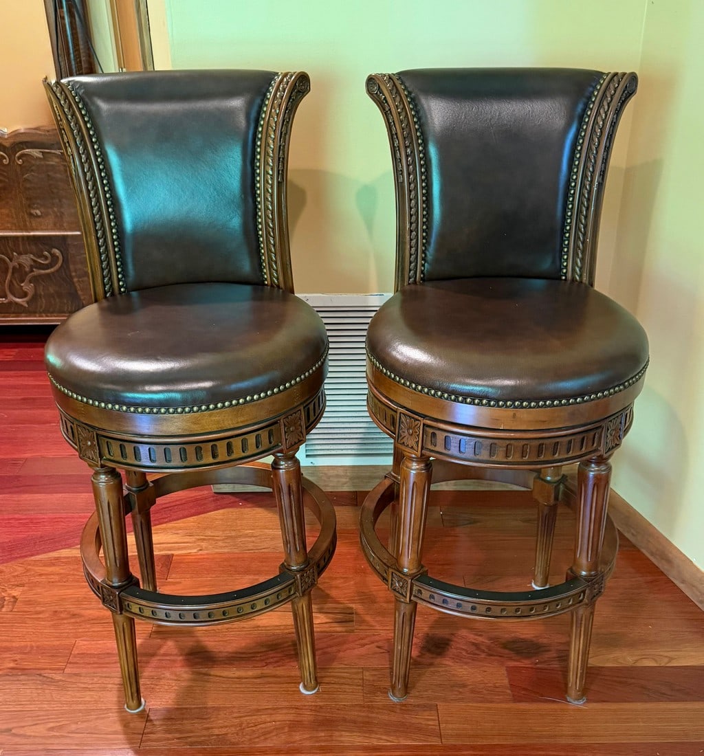 Pair of Carved Wooden and Brown Leather Swivel Bar Stools - 5