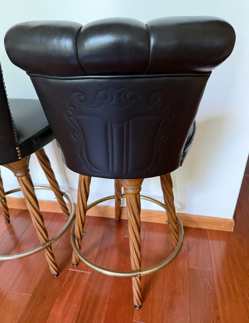 Pair of Swivel Bar Stools with Black Leather Upholstery and Carved Legs - 3