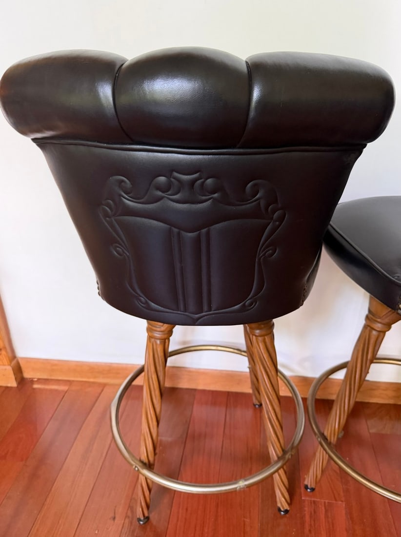 Pair of Swivel Bar Stools with Black Leather Upholstery and Carved Legs - 4