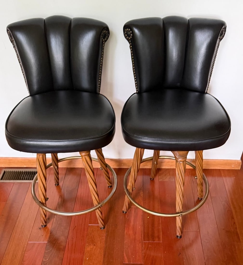 Pair of Swivel Bar Stools with Black Leather Upholstery and Carved Legs - 6
