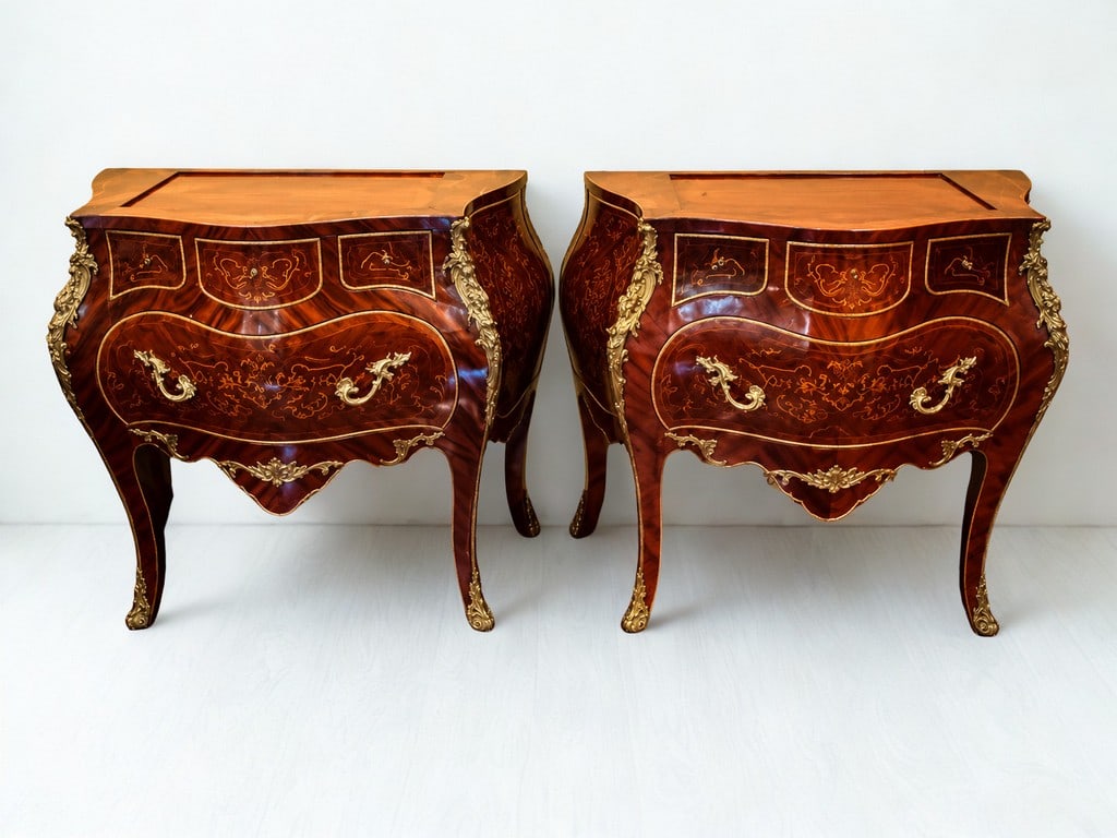 Pair of Louis XV Style Marquetry and Gilt Bronze Commodes: A magnificent pair of Louis XV style commodes, likely early 20th century, crafted from rich mahogany and adorned with highly detailed floral marquetry. These bombÃ©-shaped chests feature