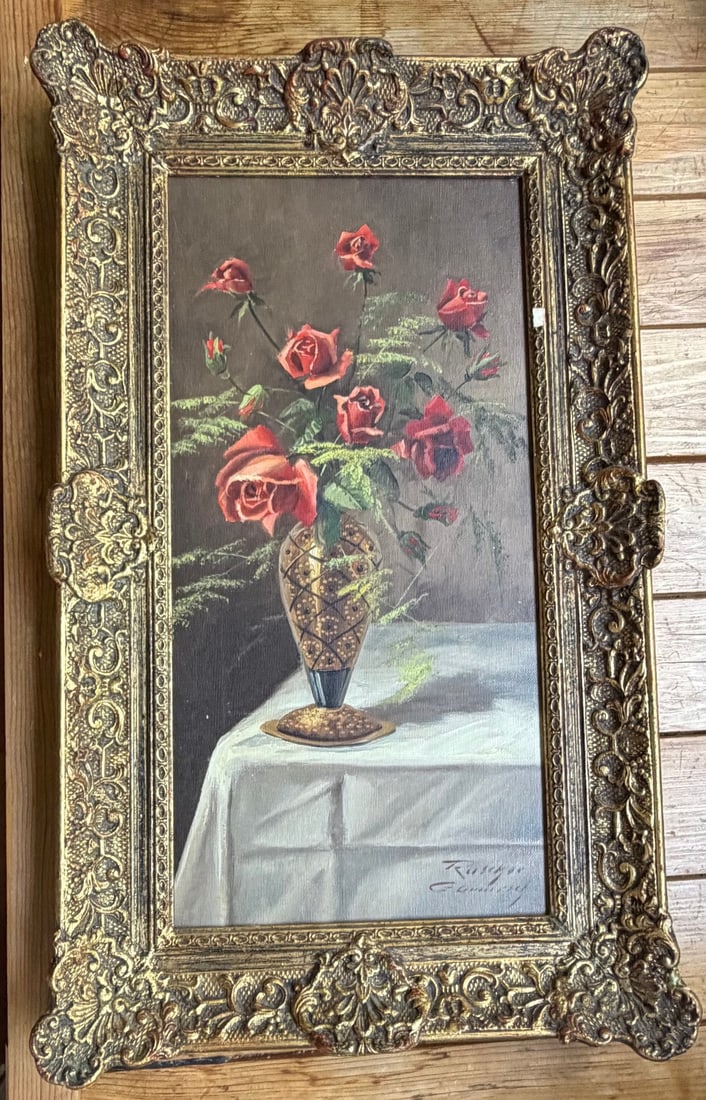 Still Life of Red Roses in an Ornate Vase, Signed K. Ruschke - 2