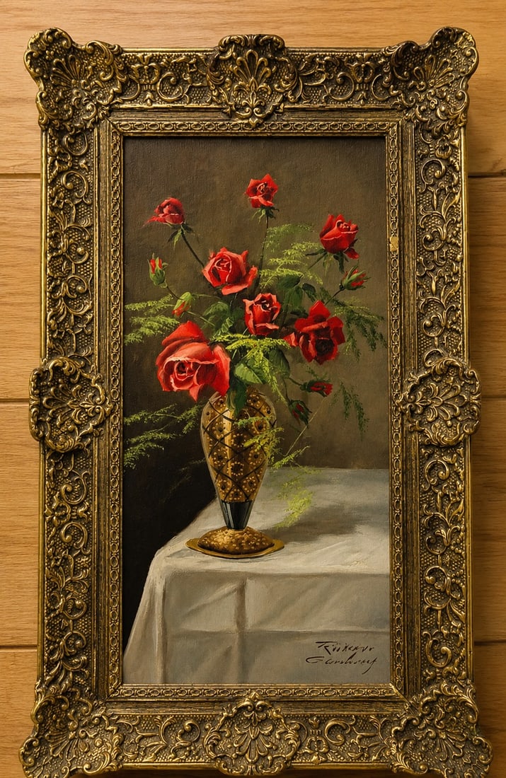 Still Life of Red Roses in an Ornate Vase, Signed K. Ruschke - 3