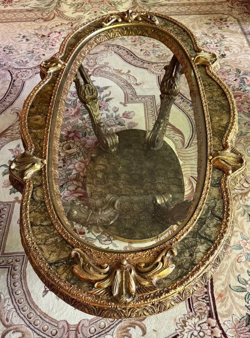 Giltwood Oval Glass Top Coffee Table - 3