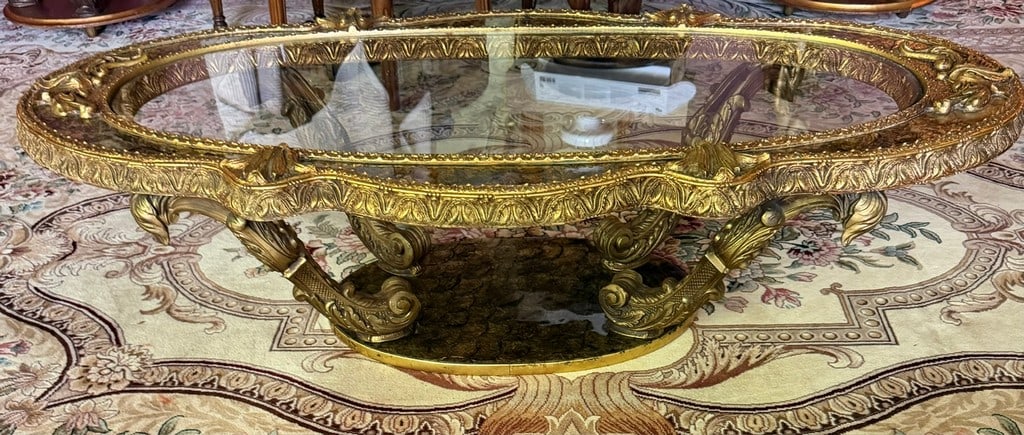 Giltwood Oval Glass Top Coffee Table - 5