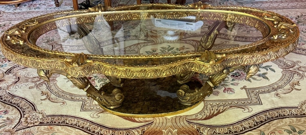 Giltwood Oval Glass Top Coffee Table - 6