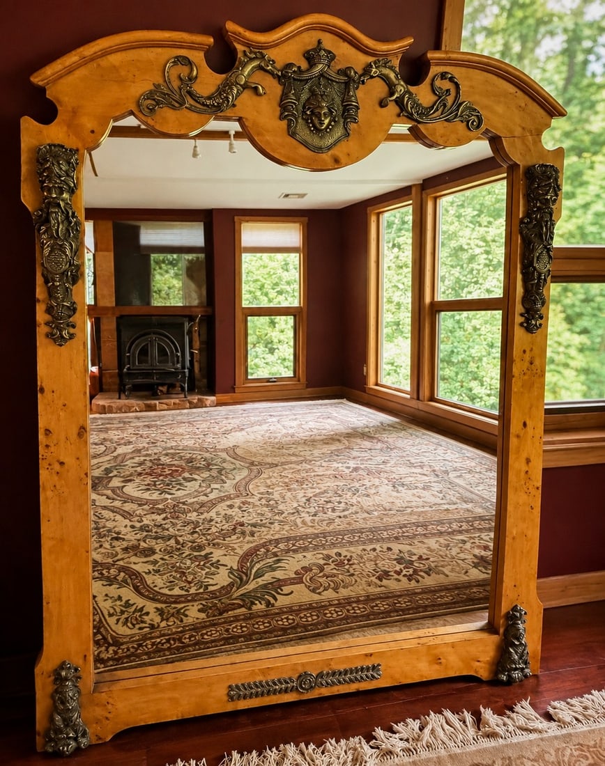 Grand Baroque Style Giltwood and Bronze Wall Mirror - King: A monumental Baroque style wall mirror, featuring a substantial giltwood frame with a complex, undulating crest. The frame is adorned with numerous bronze ormolu mounts, including a prominent central